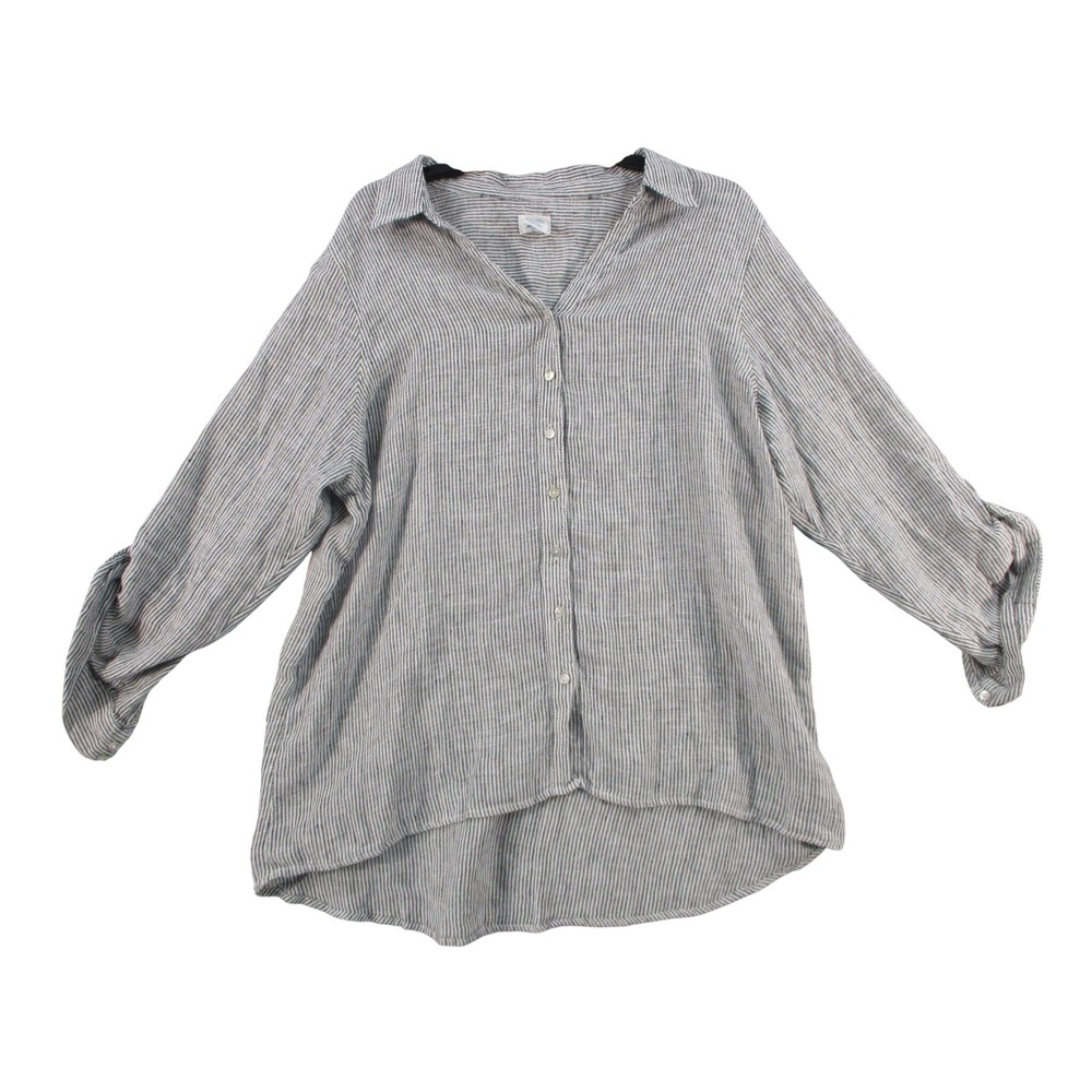 Sigrid Olsen Women 1X Linen Button Up Shirt Pinstripe Black White Long Sleeve